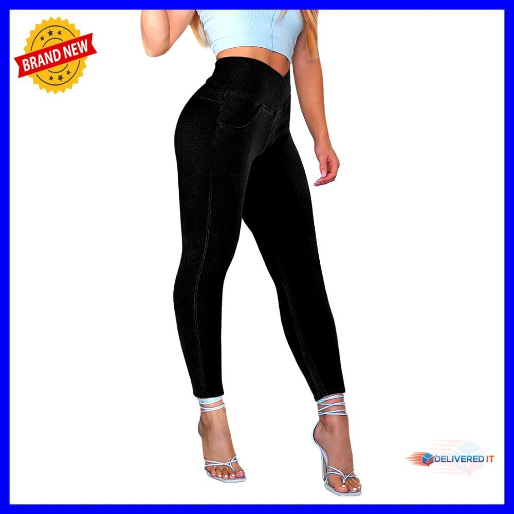 High Waist Crossover Jeggings Tummy Control Stretchy Denim Leggings with Pockets